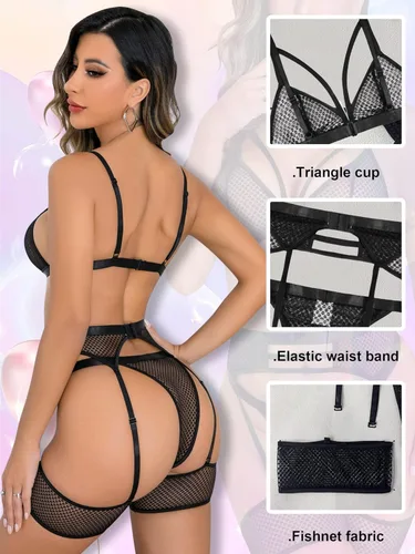 Vista 2 de popiv Conjunto sexy de lencería de red para mujer, conjunto de brasier y bragas de encaje con liguero, 4 piezas