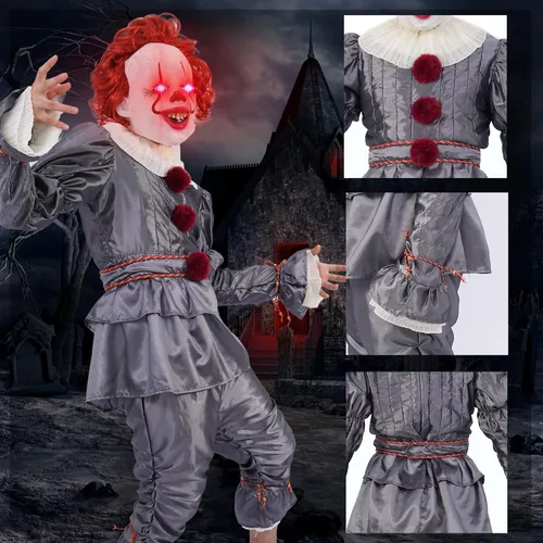 Vista 5 de Disfraz de payaso IT para adultos con máscara de látex y globos juego de lujo para Halloween