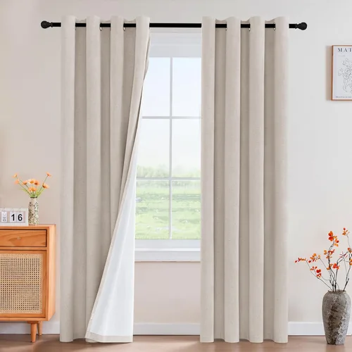 Vista 265 de PrinceDeco Cortinas con textura de lino 100% opacas de 64 pulgadas de largo, juego de 2 paneles de cortinas de lino opacas con forro aislante Arena