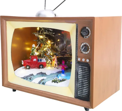 Vista 3 de Christmas Concepts Iluminación LED y música funciona con pilas, escena navideña dentro de la televisión retro, 9.4 in 9.5 pulgadas