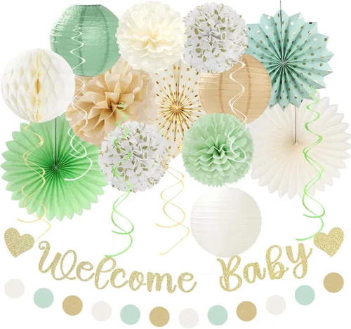 Vista 9 de Conjunto de decoraciones para baby shower de otoño en estilo boho champagne-dorado - 21 piezas, cartel de bienvenida para niñas, linternas de papel