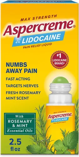 Aspercreme Aceites Esenciales Lidocaína Alivio del Dolor con Aplicador Roll-On Sin Desorden, Lidocaína de Máxima Potencia Entumece el Dolor de