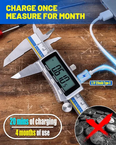 Vista 2 de Calibrador digital con carga USB-C, herramienta de medición de calibre digital de acero inoxidable de 6 pulgadas, calibradores 4 en 1 con pantalla