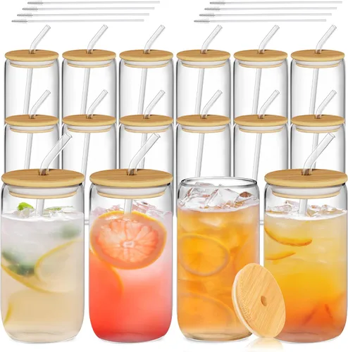 Vista 8 de 12 Pcs Glass Cups with Bamboo Lids and Straws - 16oz Glass Tumbler, Iced Coffee Cup, Can Shaped Drinking Glasses for Coffee, Tea, Smoothie, Juice
