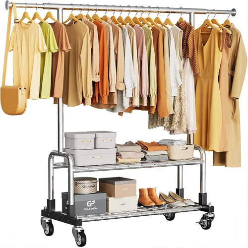 Vista 9 de Luxspire Perchero de ropa resistente, con carga de 600 libras, percheros con ruedas resistentes y estantes de 2 niveles, perchero ajustable