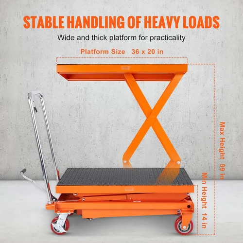 Vista 4 de VEVOR Hydraulic Lift Table Cart, X Load Capacity X Inch Lifting Height, Manual Single Scissor Lift Table with 4 Wheels and Non-Slip Pad, Hydraulic