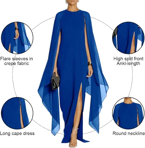 Vista 2 de Mayfasey - Maxivestido formal de noche para mujer con capa abertura frontal alta y mangas acampanadas