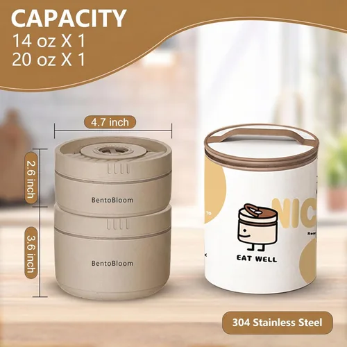 Vista 4 de Bento Box Adult — Round Stackable Lunch Box for Women (450ml & 600ml) with Insulated Carry Bag 304 Stainless Steel Removable Inserts Microwave &