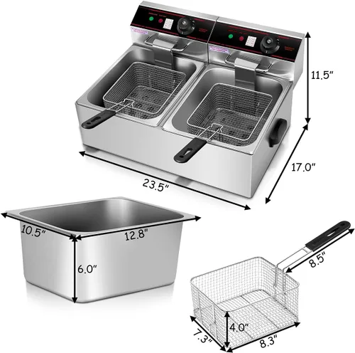 Vista 4 de Giantex Freidora comercial de 3400 W, tanque doble, freidora eléctrica de acero inoxidable de 12.8 cuartos de galón con 2 cestas, tapas y control