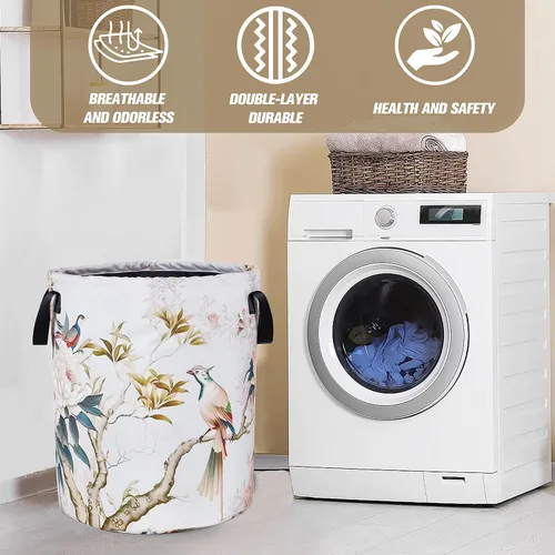 Vista 7 de Cesta de lavandería de flores de pájaro, estilo chino, plegable, de tela Oxford, divertida bolsa de lavandería, cesta de almacenamiento de ropa
