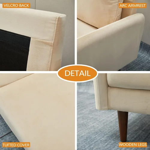 Vista 5 de INSTORY Sofá de terciopelo Sofá moderno de mediados de siglo con patas de madera para sala de estar - Beige