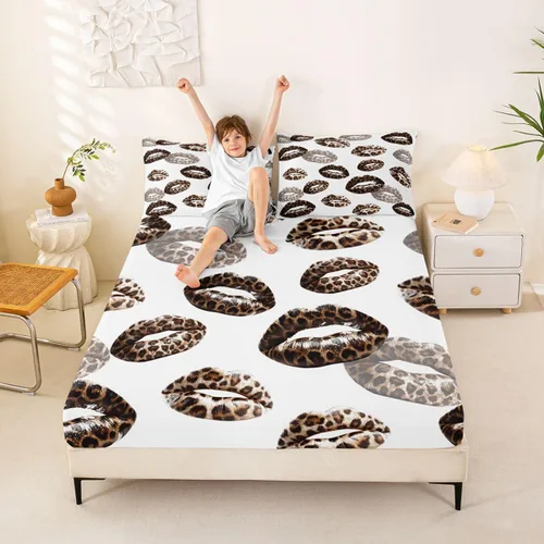 Vista 27 de Feelyou Leopard Print Lips Fitted Sheet Twin Size for Kids Boys Girls Cheetah Print Bed Sheets Set 16" Deep Pocket Soft Breathable Microfiber