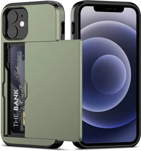 Vista 19 de Nvollnoe Funda para iPhone 12 Mini con tarjetero resistente de protección de doble capa a prueba de golpes con ranura para tarjeta oculta delgada
