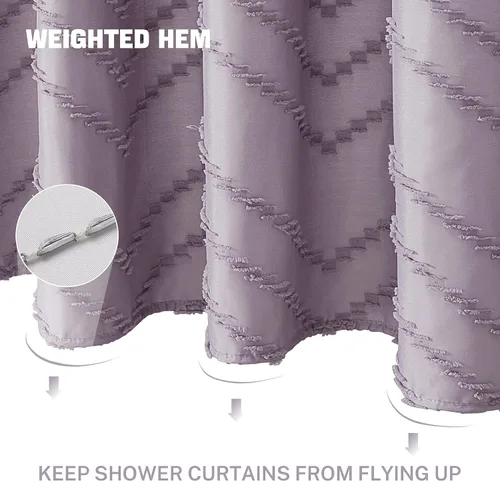 Vista 3 de Cortina de ducha extralarga hecha de tela tejida, de estilo bohemio, de rayas chevrón y capitoné, color morado, de 72x84 pulgadas, moderna