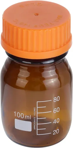 Vista 3 de 20 piezas de vidrio de borosilicato ámbar 3.4 fl oz graduado redondo laboratorio reactivo medios/botella de almacenamiento con tapa de rosca naranja