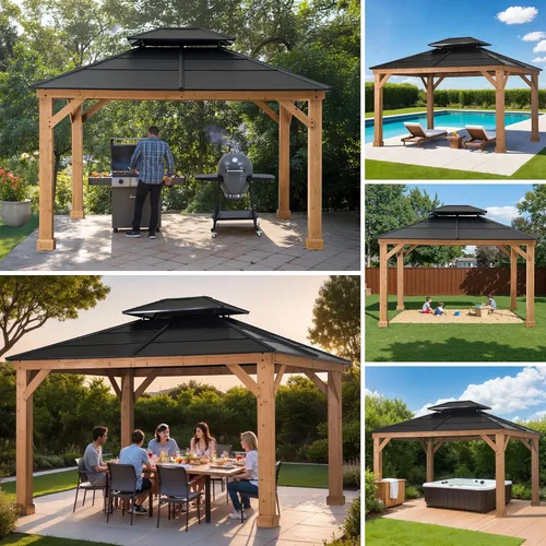 Vista 9 de SUNJOY Glorieta de madera con marco de cedro para exteriores, de 11 x 13 pies, con techo de acero de doble resistencia y techo duro de acero de alta