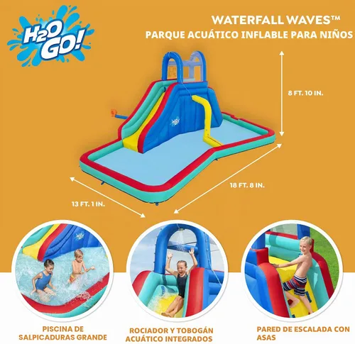 Vista 2 de Bestway H2OGO! Parque acuático Waterfall Waves Mega Tobogán inflable y piscina para hasta 6 niños Ondas de cascada