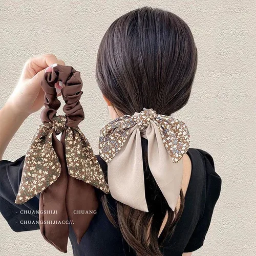 Vista 6 de Paquete de 4/6 coleteros florales para el cabello, bandas elásticas, accesorios para el cabello para mujeres y niñas (4 piezas (2 negro + 2 beige))