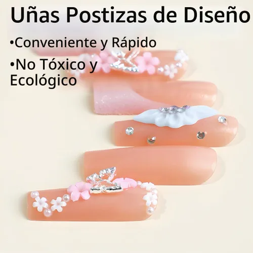 Vista 3 de Uñas postizas a presión de mariposa, uñas postizas largas de punta francesa con diseño de ataúd rosa, diamantes de imitación de flores, pegamento