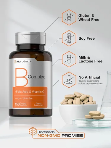 Vista 5 de Horbaach B Complex Vitaminas para mujeres y hombres 150 cápsulas con ácido fólico y vitamina C Suplemento sin OMG y sin gluten