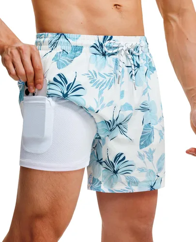Vista 13 de Gleeease Traje de baño para hombre de 5 pulgadas con forro de compresión, 2 en 1, elástico, de secado rápido, bolsillos divertidos con cordón