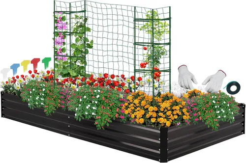 Vista 8 de ONCEMORE Cama de jardín elevada galvanizada para verduras, flores, hierbas, kit de cama de jardín elevada de metal con 2 jaulas de tomate, guantes