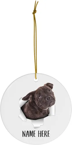 Vista 2 de Personalized Name American Bully Brindle Sitting Christmas Tree Ornaments Circle Ceramic Decorations Gifts for Dog Lovers Owners