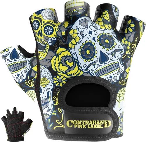 Vista 11 de Contraband Pink Label 5237 – Guantes de levantamiento de pesas con calavera, para mujer, Serie Design (1 par), Gris, XS