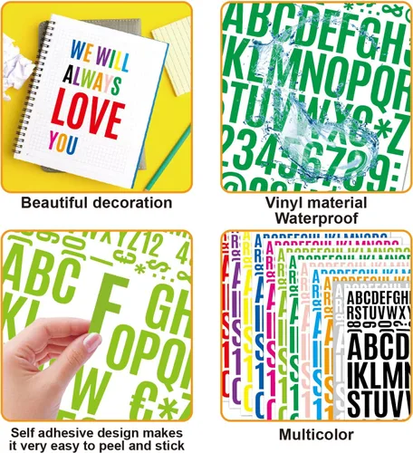 Vista 5 de 1224 calcomanías de letras, 12 hojas de calcomanías del alfabeto de 0.8-1.6 pulgadas, calcomanías de vinilo autoadhesivas de números y alfabeto