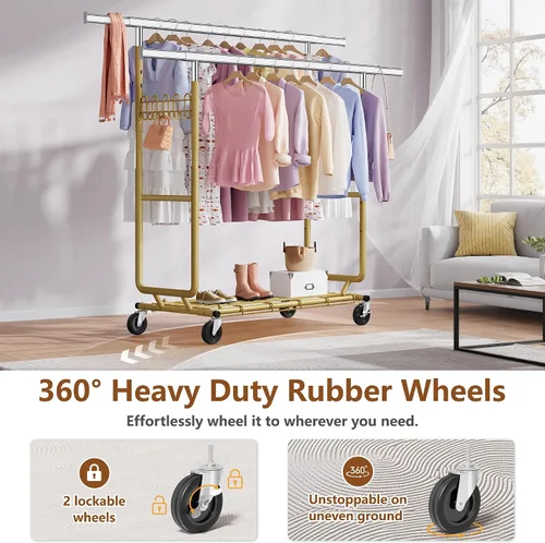 Vista 33 de Hoctieon Perchero de doble varilla de montaje en 2 minutos, estante resistente para ropa con ruedas, plegable para uso comercial, barra extensible