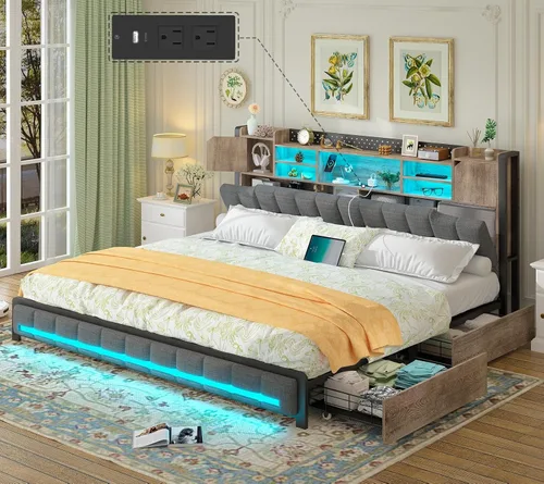 Vista 10 de Base de cama LED Queen con cabecera de estantería y 4 cajones de almacenamiento, marco de cama Queen tapizado con estación de carga USB y tipo C