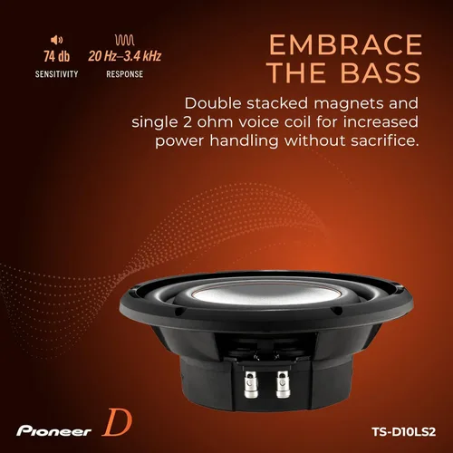 Vista 5 de Pioneer D-Series TS-D10LS2 - Subwoofer de 10" de alto rendimiento – 1200W máx, diseño de montaje superficial, bobina de voz única de 2 ohmios