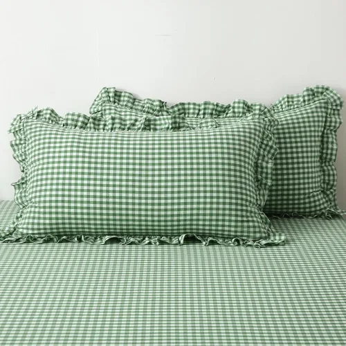 Vista 44 de Paquete de 2 fundas de almohada europeas a cuadros azul polvoriento, blanco, a cuadros, 100% algodón lavado, a cuadros, estilo francés, rústico