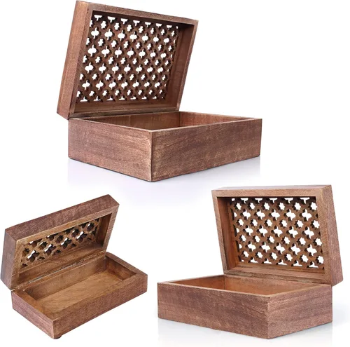 Caja decorativa de madera 3 en 1 con tapa con bisagras – Caja de almacenamiento de esmalte mediana "Trellis – Caja decorativa hecha a mano con tapa