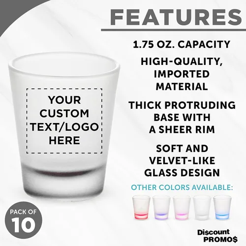 Vista 2 de Vasos de chupito de vidrio esmerilado personalizados de 1.75 onzas, juego de 10, paquete personalizado a granel, ideal para bodas, cumpleaños