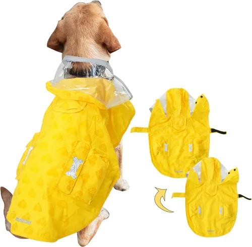 Vista 13 de Chubasquero impermeable para perros, ropa impermeable ajustable con tira reflectante y ligera con capucha tipo poncho (Verde Ejército, XS)