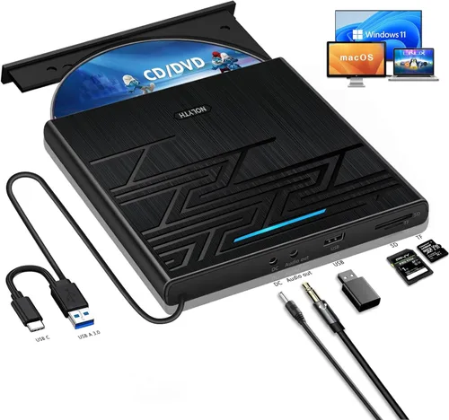 NOLYTH Unidad de DVD externa para Mac, USB CD ROM Burner Unidad externa para portátil con ranura de audio SD TF de 0.138 in, unidad de disco óptico