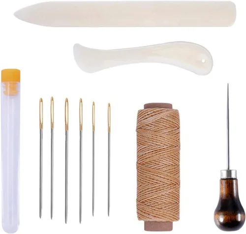 Kit de 11 piezas para encuadernación, herramientas de iniciación, carpeta de huesos, papel creaser, hilo encerado, punzón, agujas de ojo grande para