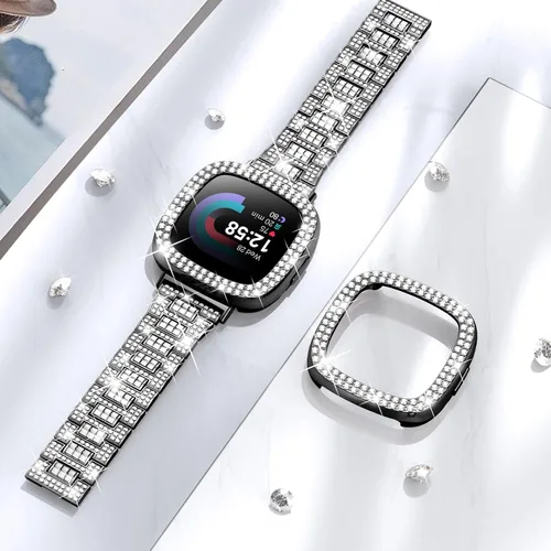 Vista 5 de Dsytom Bling Banda de Reloj Elegante Compatible con Fitbit Versa 4, Sense 2, Versa 3, Sense - Correa Linda con Funda Protectora de Rinstone