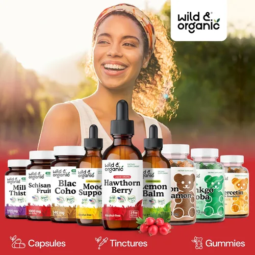 Vista 5 de Wild & Organic Gotas de extracto de bayas de espino de 600 mg Suplemento líquido de espino para apoyo general Tintura de hierbas veganas, sin