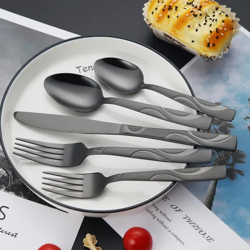 Vista 5 de Juego de cubiertos negros de 30 piezas de acero inoxidable, cubiertos de servicio para 6, incluye tenedor, cuchara y cuchillo, apto para lavavajillas