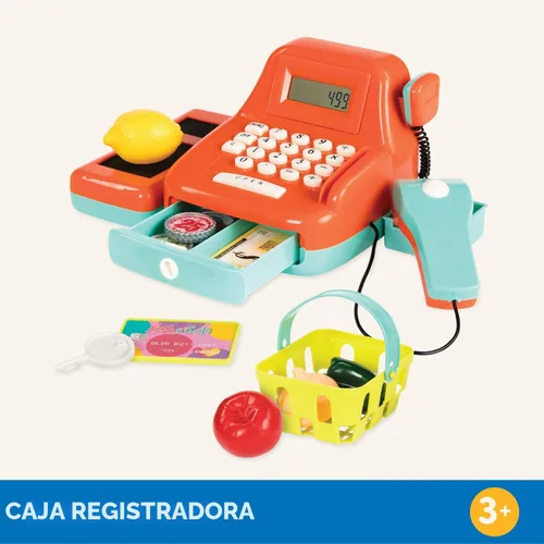 Vista 7 de Battat - Caja registradora interactiva para niños con escáner y sonidos - Set de juego de 26 piezas para simular compras con escáner iluminado