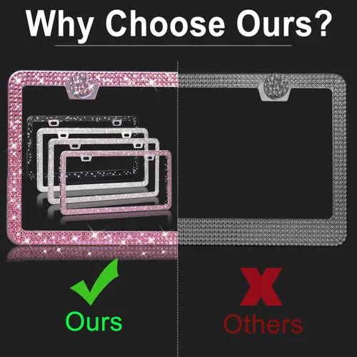 Vista 4 de Marco de matrícula rosa brillante para mujer, marco de matrícula con diamantes de imitación brillantes, marcos de matrícula con purpurina