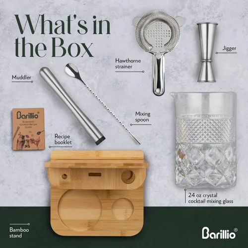 Vista 2 de Barillio Vaso mezclador de cóctel de cristal de 24 onzas con soporte de bambú y herramientas de barra Cristal sin plomo sin costuras, jarra