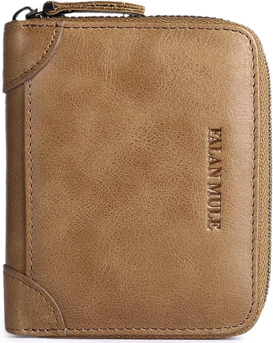 Vista 18 de FALAN MULE Cartera de cuero genuino con bloqueo RFID para hombre con cremallera bolsillo para monedas, ventana de identificación ABA-negro
