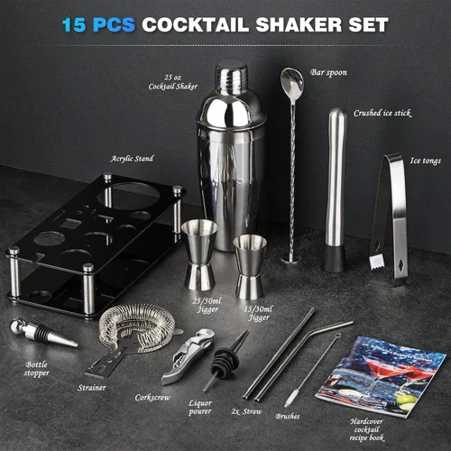 Vista 2 de Juego de coctelera de camarero: kit de camarero de acero inoxidable de 15 piezas con barras acrílicas con todos los accesorios prácticos de barras