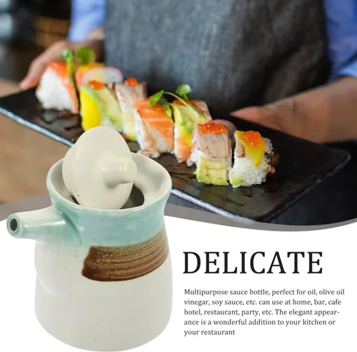 Vista 6 de Hemoton Paquete de 2 dispensadores de salsa de soja de cerámica, estilo tradicional japonés, Shoyu, botella de almacenamiento, olla líquida