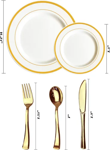 Vista 7 de 125 piezas oro placas plásticas y cubertería para 25 invitados, platos desechables de plástico resistente con borde de oro y plata para fiesta