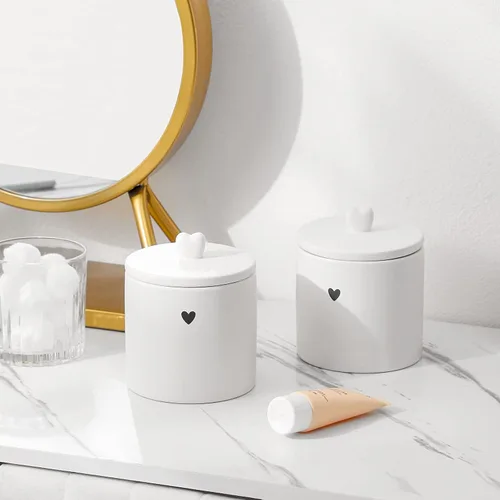 Vista 4 de Paquete de 2 tarros de cerámica con tapas para boticario Qtip para decoración de baño, para bolas de algodón, hisopo de algodón, almohadilla