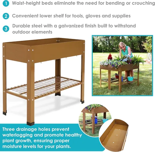 Vista 2 de Sunnydaze Cama de jardín elevada de acero galvanizado, juego de 2 jardineras elevadas, uso individual o conectado, cuenta con estante de Marrón